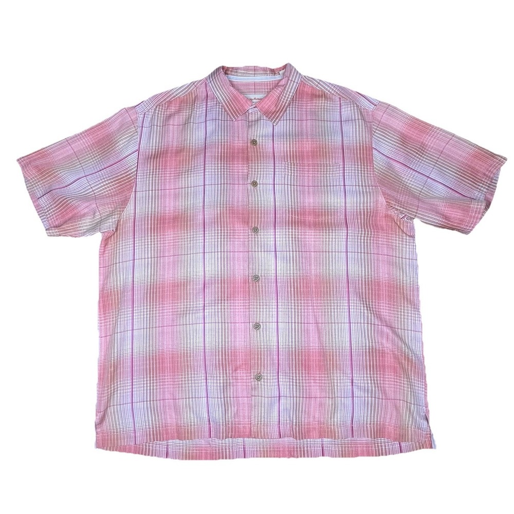 Tommy Bahama- Men's Size XL- 100% Silk- Pink Plaid Checked Shirt- Short Sleeve
